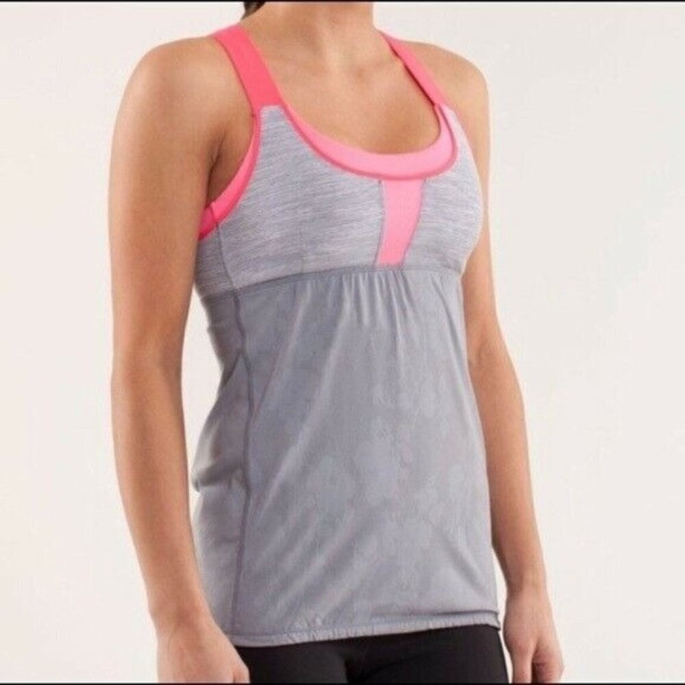 Lululemon My Heart Races Racerback Tank Top Shelf Bra Gray Pink Womens Size 6